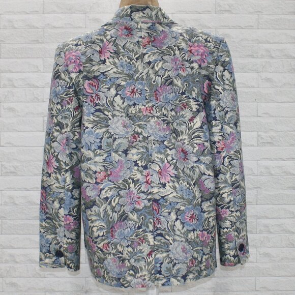 VINTAGE Blazer Jacket Floral Tapestry Look Woven Muted Woven Office Blue Medium - Picture 4 of 11